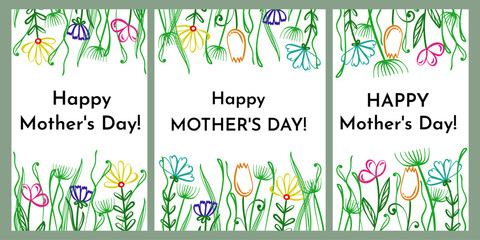 Happy mother's day, set of holiday cards with doodle flowers and leaves