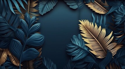Beautiful luxurious dark blue textured frame with gold and blue leaves. Generative AI.