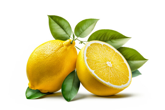 Ripe yellow lemon with leaves on a white background. Fruits isolated on a white background. Generative AI