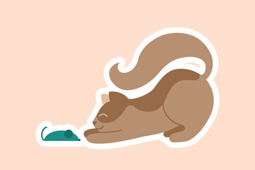 Cat with mouse sticker. Little hunter with prey. Pet stretching, playful and adorable character. Kitten with blue toy. Graphic element for social media and messengers. Cartoon flat vector illustration