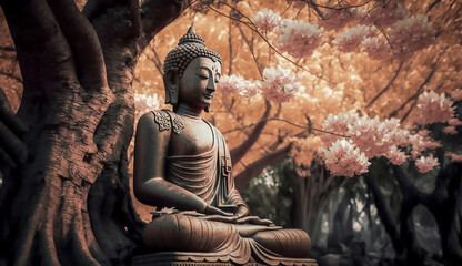 Ancient buddha statue under big tree, Generative AI