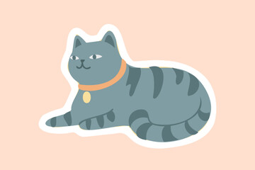 Grey cat with collar sticker. Adorable pet and domestic animal with accessory or decoration. Medallion and gold coin. Poster or banner for website. Cartoon flat vector illustration