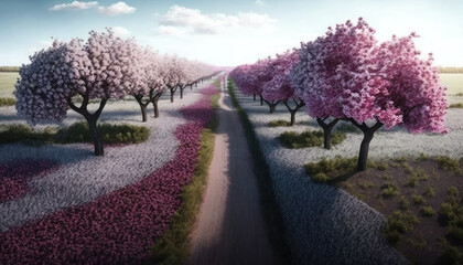 Field of beautiful flowering trees. Generative AI