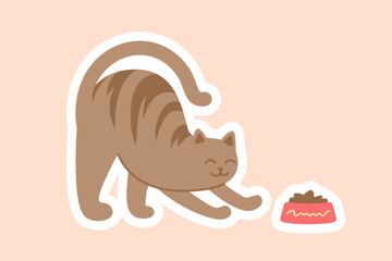 Brown cat with food sticker. Charming kitten near red suit with food. Playful character stretches. Graphic element for social media and messengers. Cartoon flat vector illustration
