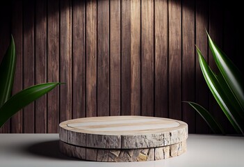 Wooden podium in rustic style, platform for product presentation with green leaves on background. Generative AI.