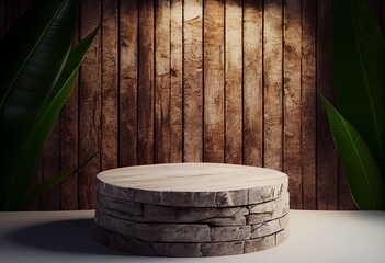 Wooden podium in rustic style, platform for product presentation with green leaves on background. Generative AI.