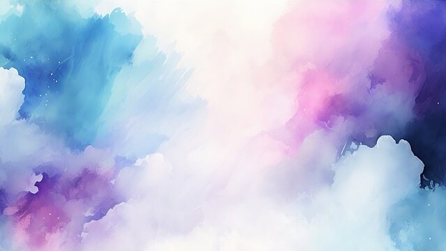 Watercolor abstract background in shades of blue, white, pink, and purple, showcasing a combination of grunge and marble textures with a subtle mist or hazy lighting effect
