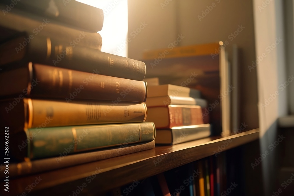 Aufkleber stack of books on university for educational background. vintage library bookshelf for learning conc