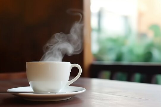A cup of white coffee is placed on a wooden table by the window in the morning against a blurry sun scene. AI-generated images