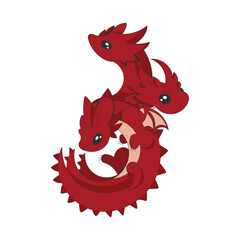 Red cartoon dragon with three heads and tails, flat style