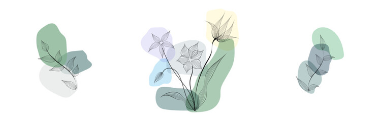 Set of botanical abstract art vector on white background. Foliage line art drawing with abstract shape. Works for wall framed prints, social media post, poster, home decor, cover, wallpaper.