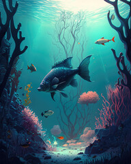Fototapeta na wymiar Underwater marine scene with corals, kelps and fishes. Generative AI