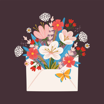 Cute flower bouquet in newsletter envelope. Childish print for greeting card and background. Vector illustration