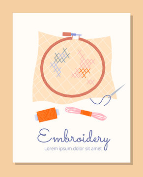 Embroidery poster concept. Piece of fabric with thread and needles, blue and red circle. Design element for greeting cards. Atelier an seamstress. Cartoon flat vector illustration