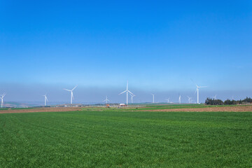 Fototapeta na wymiar wind turbines generating energy from the wind, in nature, clear blue sky