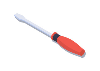 Isometric red screwdriver concept. Instrument, equiment and tool. Plastic handle with metal. Renovation, repair and fix. Poster or banner for website. 3D cartoon vector illustration