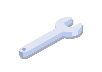Isometric wrench concept. Iron object for tightening and unwinding nuts. Repair and construction, renovation. Poster or banner for website. 3D Cartoon vector illustration
