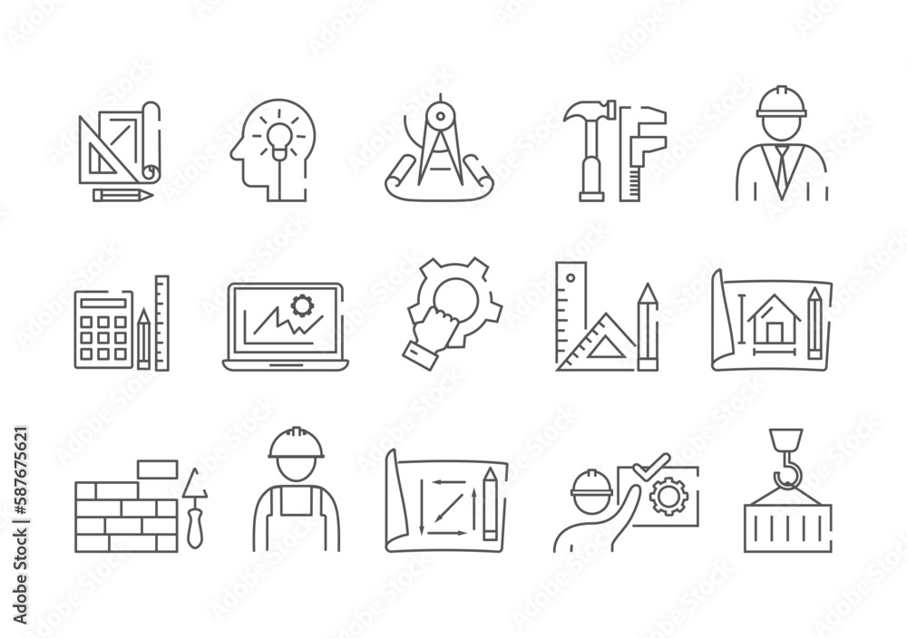 Aufkleber set of line building icons. collection of graphic elements for website. man in helmet, blueprint and