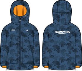 Camouflage Insulated Shell Hoodie jacket design flat sketch Illustration, Hooded utility jacket with front and back view, winter jacket for Men and women. for hiker, outerwear and workout in winter © JERZEY DESINZ
