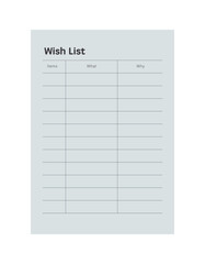 Wish List Planner. Minimalist planner template set. Vector illustration.