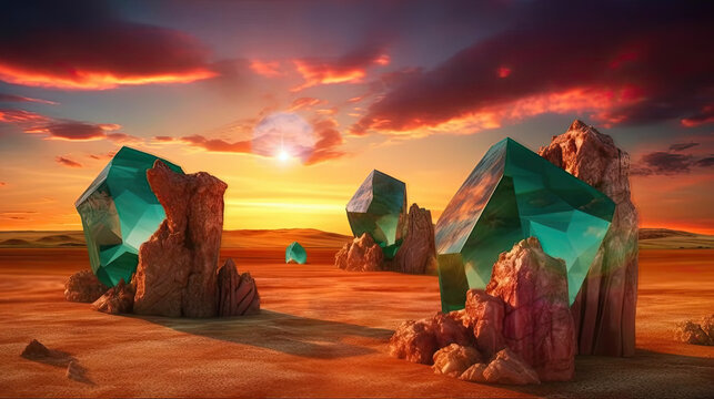 sunset in the crystal desert. Generative AI image.