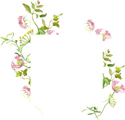 Watercolor wild flower frame on white background, perfect for rustic wedding invitation, save the date, bridal shower, baby shower card, spring wreath, countryside style