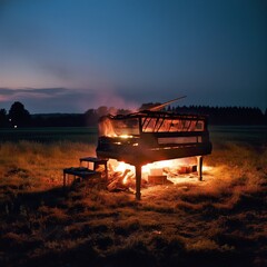 Obraz premium The Great Calamity with a Lonesome Piano in a Blazing Wilderness Generated by AI