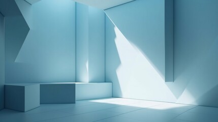 Minimalistic abstract gentle light blue background of the room with a shadow on the wall. Generative AI.