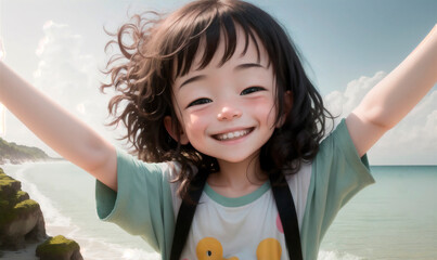 Little positive girl on background of ocean, sea. Portrait of happy kid with smile on face. Generative AI.