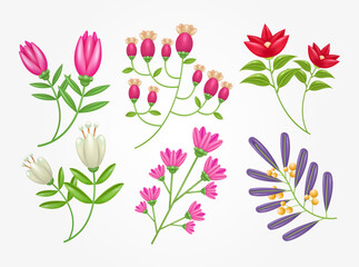 3d flower illustration set. Floral elements are suitable for wedding invitations, birthdays, postcards and congratulations
