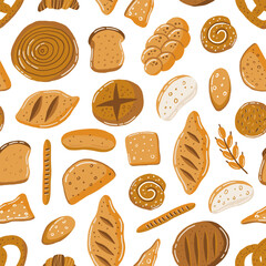 Vector hand drawn colored seamless repeating simple flat pattern with bakery elements on a white background. Bread, pretzel, baguette, croissant, bagel. Template for web, restaurant, menu, market