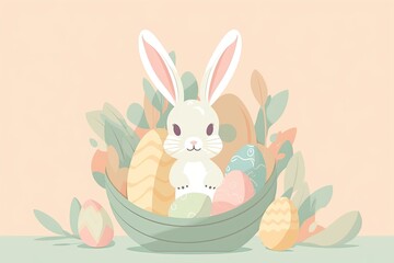 Easter bunny with easter eggs in a basket. Generative ai