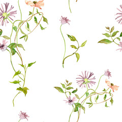 Watercolor wild flowers seamless pattern, delicate floral wallpaper, textile, cover, print, meadow greenery, herbs