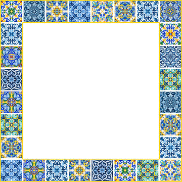 Watercolor mediterranean traditional tiles freame