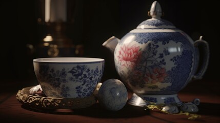 Obraz na płótnie Canvas Intricate Fictional Japanese Porcelain with a Vibrant Landscape of Color and Detail Generated by AI