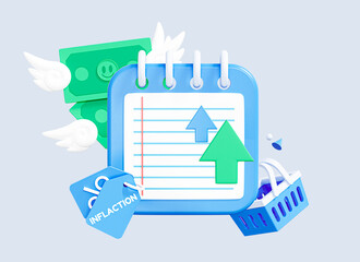 3D Notes on rising prices for food and goods. Increase inflation. Money with wings, arrow up and shopping basket. Financial crisis. Cartoon design icon isolated on blue background. 3D Rendering