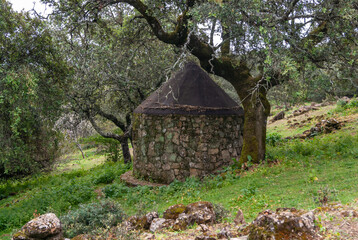 Tipica cabaña extremeña en una dehesa en plena sierra.
