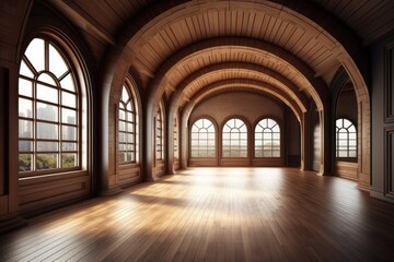 Fototapeta na wymiar Illustration of an empty room with arched windows and wooden floors. Generative AI