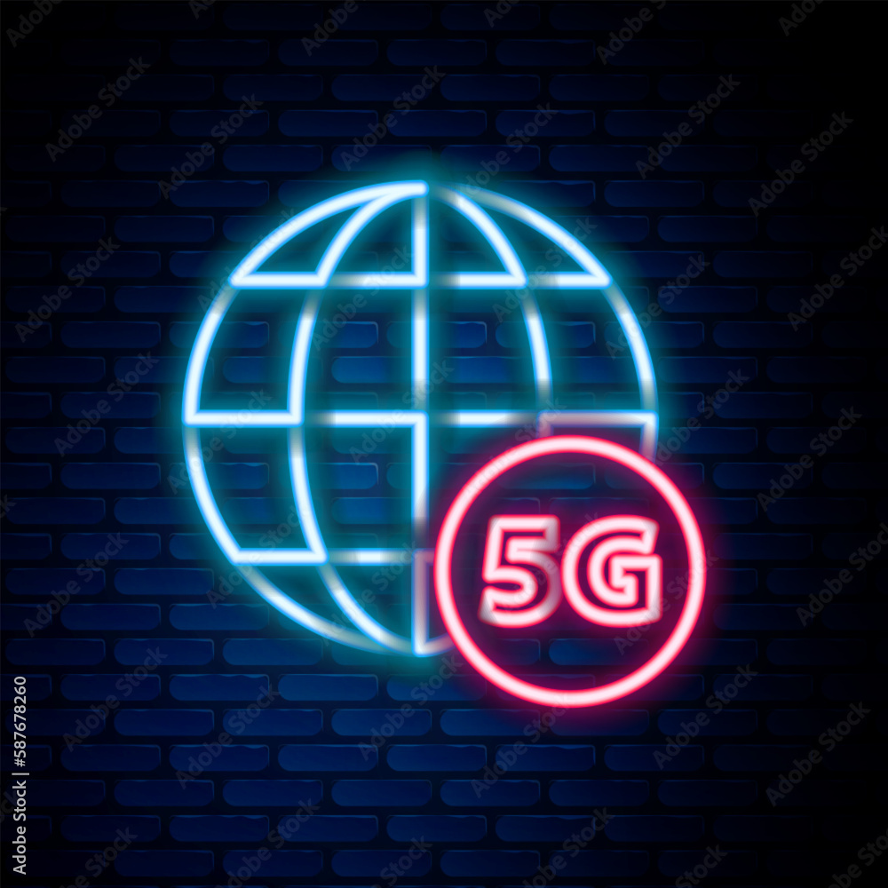 Poster glowing neon line 5g new wireless internet wifi connection icon isolated on brick wall background. g
