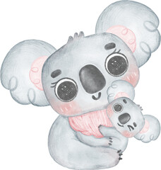 Cute Fuzzy-Eared Koala mother and baby together adorable cartoon watercolour Illustration