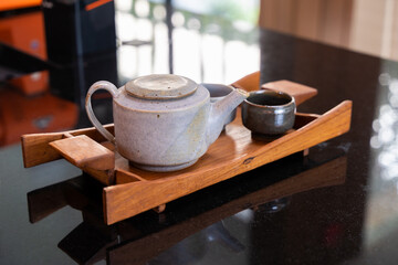 japanese green tea cup traditional, Green tea accessories on tray on wooden table. Japanese tea ceremony concept.