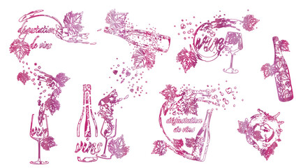 Wine Designs - Collection of wine glasses and bottles. Hand drawn elements for invitation cards, advertising banners, menus in gold style. Wine glasses with splashing wine. Sketch vector illustration