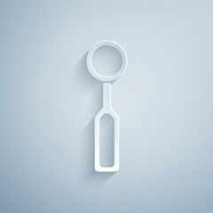 Paper cut Dental inspection mirror icon isolated on grey background. Tool dental checkup. Paper art style. Vector