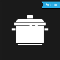 White Cooking pot icon isolated on black background. Boil or stew food symbol. Vector