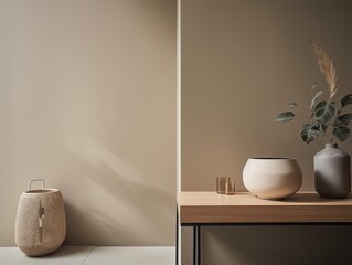 Stylish Room with Wooden Sideboard and White Wall Mockup - Generative AI
