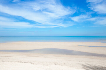 Fototapeta na wymiar The Sunny beach and turquoise sea with clear sky background