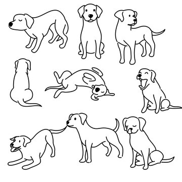 Hand-Drawn Outlines of a puppy dog in Various Poses, Rendered in Doodle-Style Drawing with Freehand Sketching