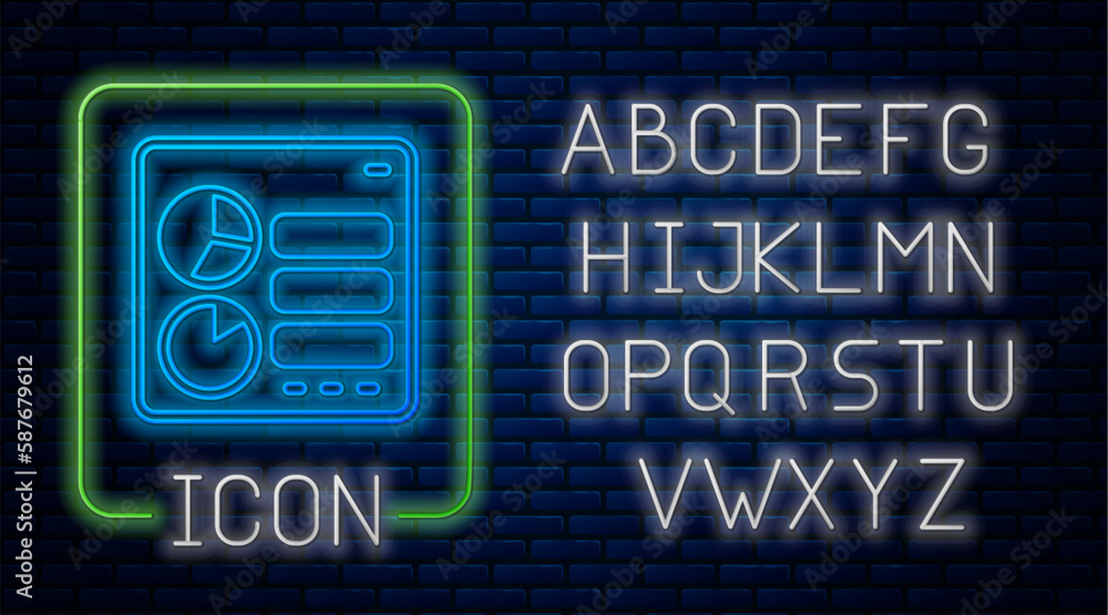 Aufkleber glowing neon computer api interface icon isolated on brick wall background. application programming 
