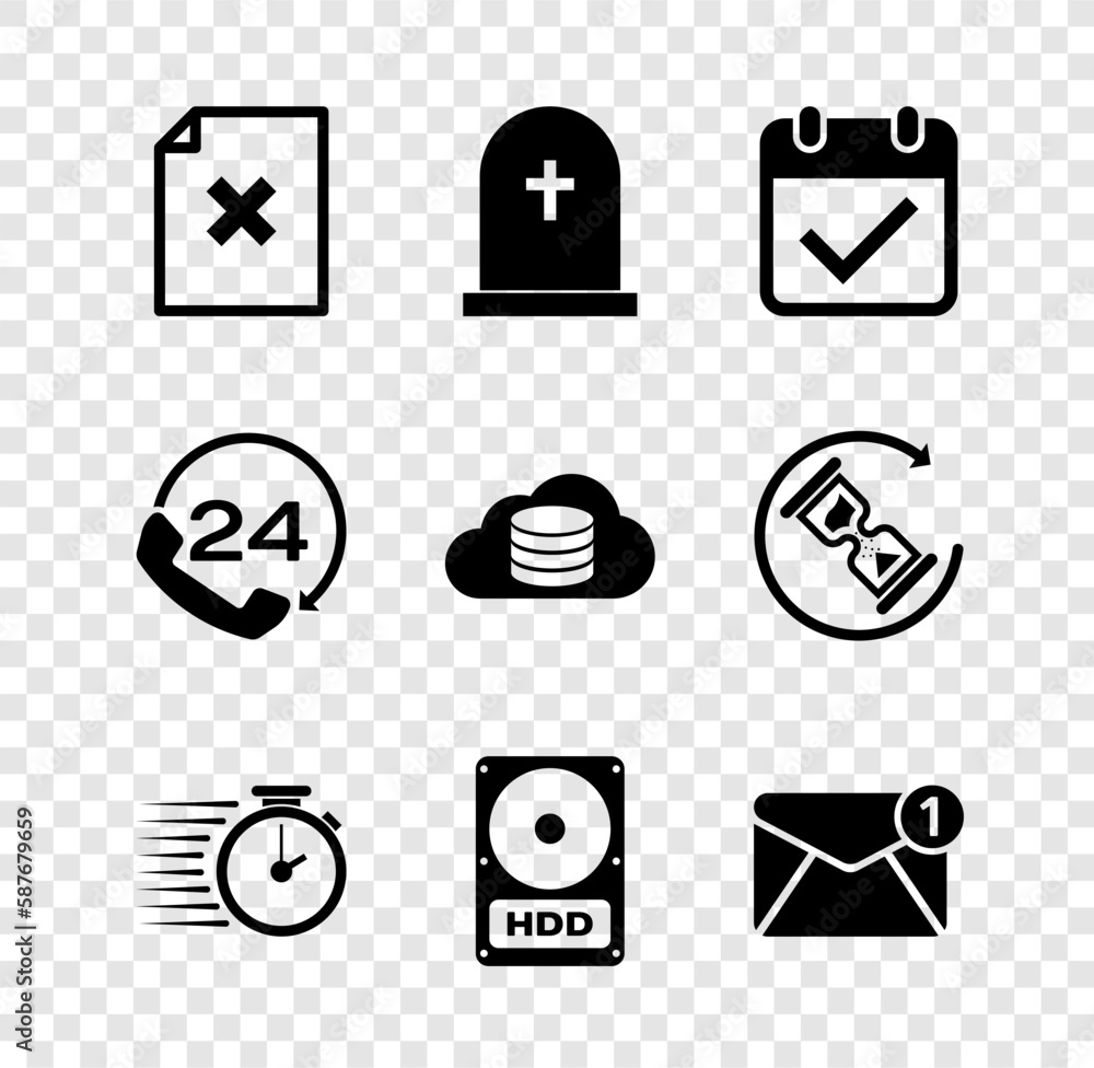 Poster set delete file document, tombstone with cross, calendar check mark, stopwatch, hard disk drive hdd 