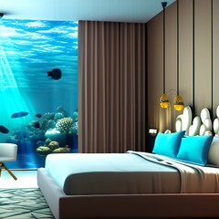 Unterwasserschlafzimmer mit moderner Inneneinrichtung und  Blick auf den Meeresgrund 